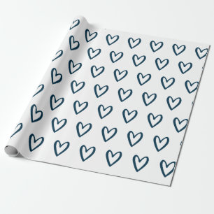 Prussian Blue on White Handdrawn Hearts Wrapping P Wrapping Paper