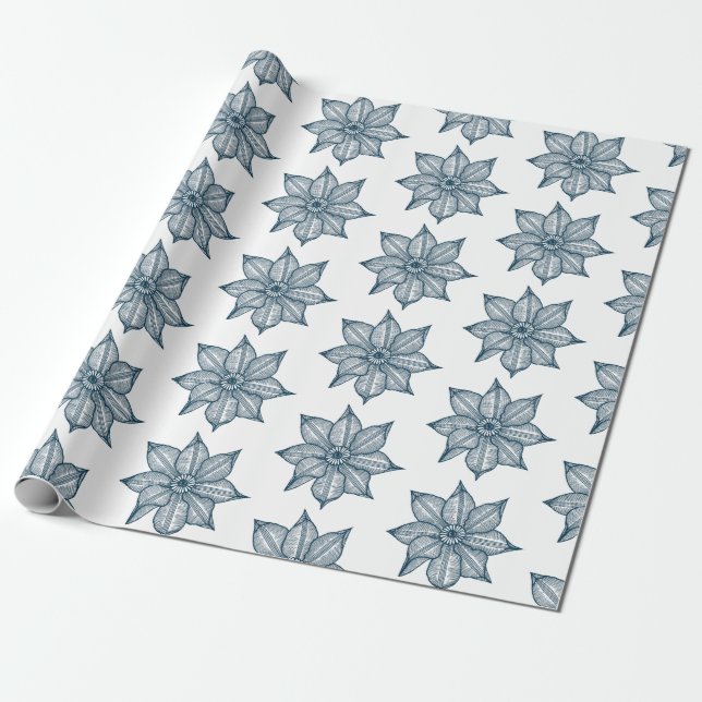 Prussian Blue on White Sketchy Flowers Wrapping Paper (Unrolled)