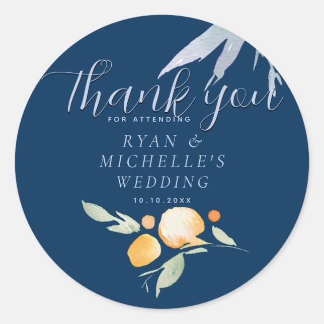 Prussian Blue, Periwinkle, and Peach Floral  Classic Round Sticker (Front)