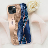 Prussian Blue & Rose Gold Glitter Agate Marble