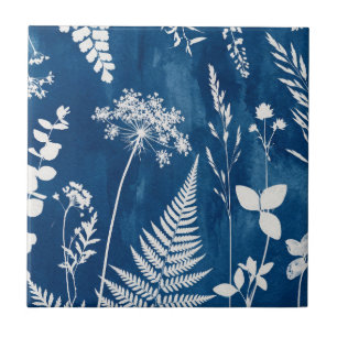 Prussian Indigo Blue Cyanotype Fern Botanical Art Ceramic Tile