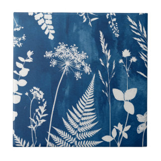 Prussian Indigo Blue Cyanotype Fern Botanical Art Ceramic Tile