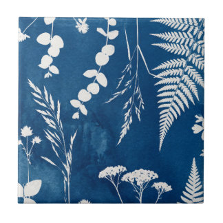 Prussian Indigo Blue Cyanotype Fern Botanical Art Ceramic Tile