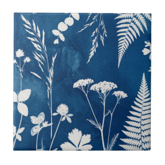 Prussian Indigo Blue Cyanotype Fern Botanical Art Ceramic Tile