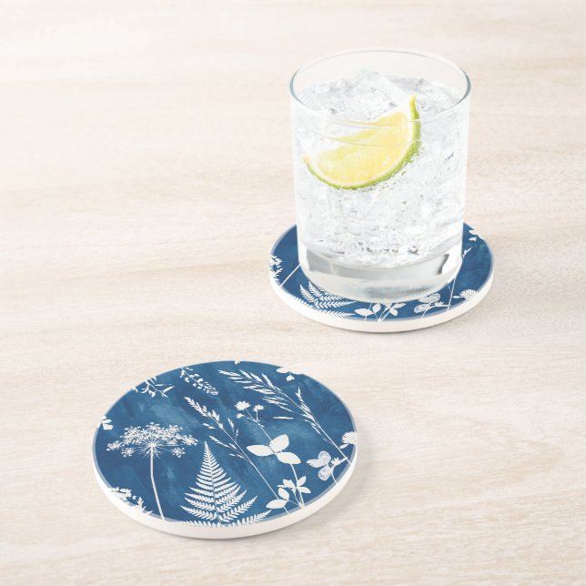 Prussian Indigo Blue Cyanotype Fern Botanical Art Coaster (Side)