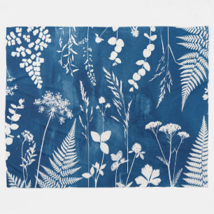 Prussian Indigo Blue Cyanotype Fern Botanical Art Fleece Blanket