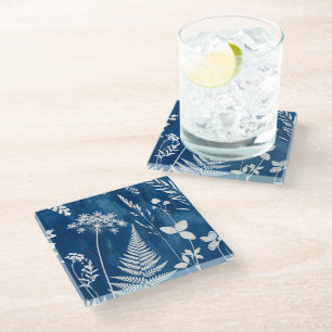 Prussian Indigo Blue Cyanotype Fern Botanical Art Glass Coaster