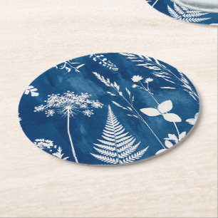 Prussian Indigo Blue Cyanotype Fern Botanical Art Round Paper Coaster