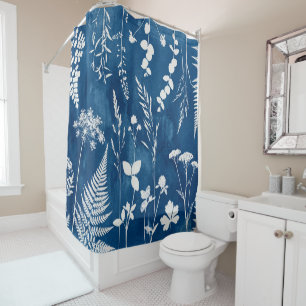Prussian Indigo Blue Cyanotype Fern Botanical Art Shower Curtain