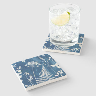Prussian Indigo Blue Cyanotype Fern Botanical Art Stone Coaster