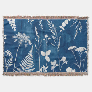 Prussian Indigo Blue Cyanotype Fern Botanical Art Throw Blanket