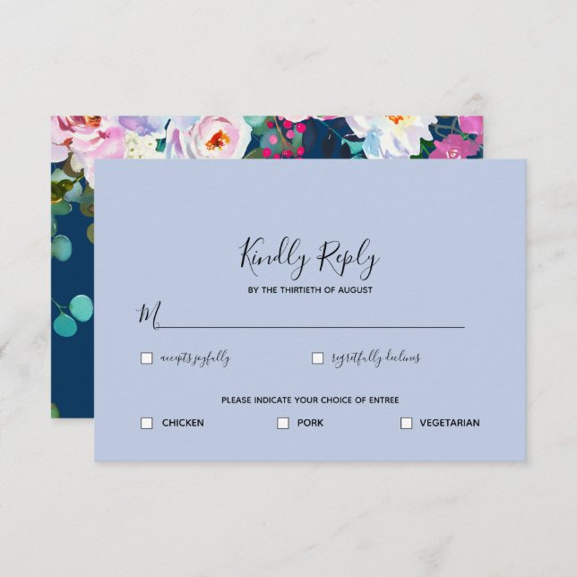 Prussian + Periwinkle Blu Watercolor Floral RSVP Invitation (Front/Back)