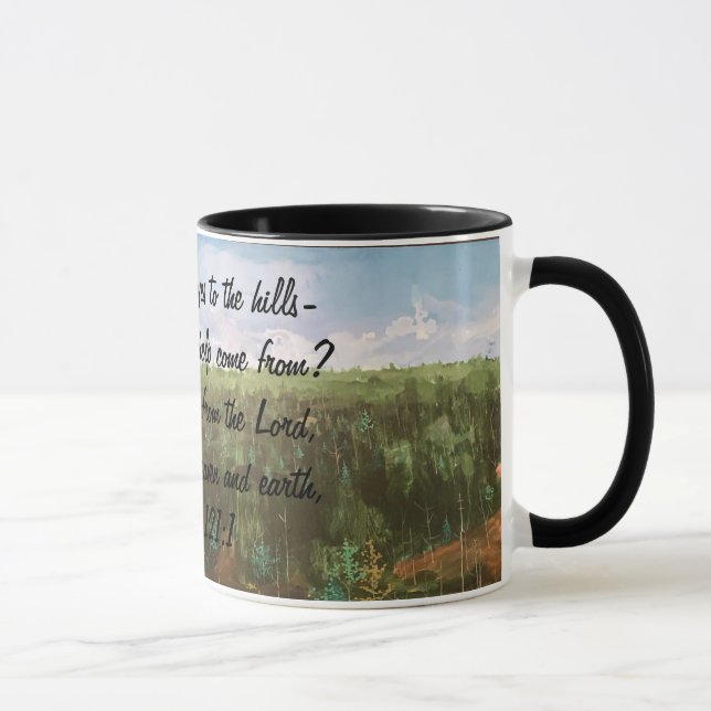 Psalm121:1 Typography Hills and Trees Design Mug (Right)