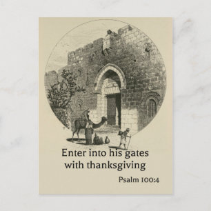 Psalm 100:4 on backdrop of the walls of Jerusalem Postcard