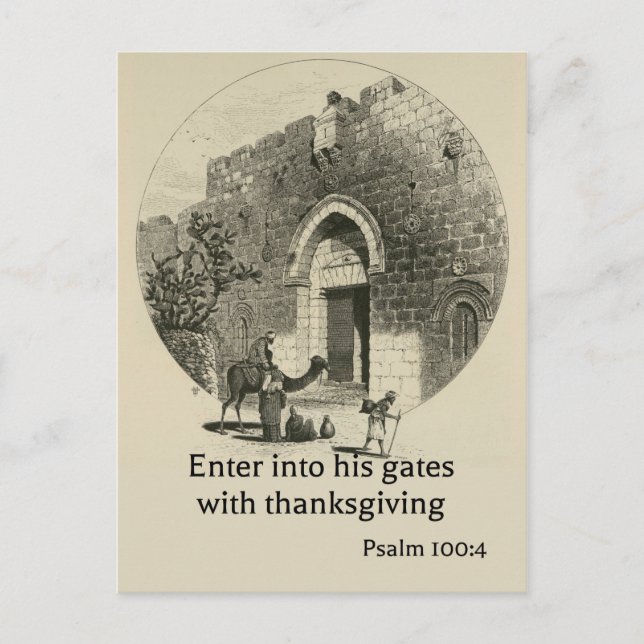 Psalm 100:4 on backdrop of the walls of Jerusalem Postcard (Front)