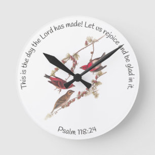 Psalm 118:24 and Three Red Birds Round Clock