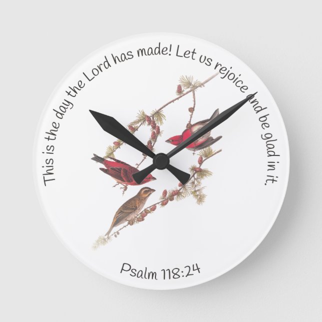 Psalm 118:24 and Three Red Birds Round Clock (Front)