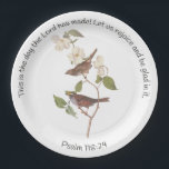 Psalm 118:24 Bible Verse and Sparrow Pair Paper Plate<br><div class="desc">"This is the day the Lord has made. Let us rejoice and be glad in it." is Psalm 118:24 and the perfect Bible Verse for celebrations. White-Throated Sparrow Bird Pair. Audubon's White Throated Sparrow bird pair perched on a dogwood tree branch with white flowers. Vintage art reproduction of a John...</div>
