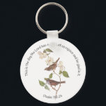 Psalm 118:24 Bible Verse and Sparrow Pair  Patch Key Ring<br><div class="desc">"This is the day the Lord has made. Let us rejoice and be glad in it." is Psalm 118:24 and the perfect Bible Verse for celebrations. White-Throated Sparrow Bird Pair. Audubon's White Throated Sparrow bird pair perched on a dogwood tree branch with white flowers. Vintage art reproduction of a John...</div>