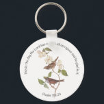 Psalm 118:24 Bible Verse and Sparrow Pair  Patch Key Ring<br><div class="desc">"This is the day the Lord has made. Let us rejoice and be glad in it." is Psalm 118:24 and the perfect Bible Verse for celebrations. White-Throated Sparrow Bird Pair. Audubon's White Throated Sparrow bird pair perched on a dogwood tree branch with white flowers. Vintage art reproduction of a John...</div>