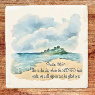 Psalm 118 A Day to Rejoice Clouds and Beach Scene Stone Coaster