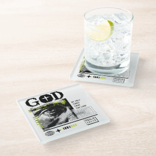 Psalm 121:2 Neon Lime Eye Of God CRT Glitch Art Glass Coaster