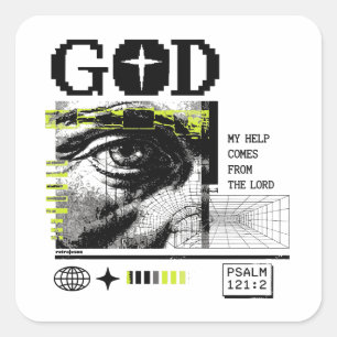 Psalm 121:2 Neon Lime Eye Of God CRT Glitch Art Square Sticker
