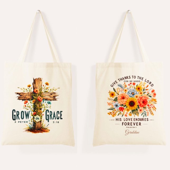 Psalm 136:1 |  2 Peter 3:18 Christian Bible Quote  Tote Bag (Creator Uploaded)