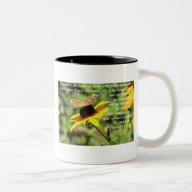 Psalm 144:1-2 Golden Blackeyed Susan Butterfly Two-Tone Coffee Mug (Right)