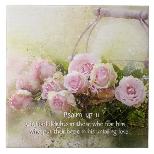 Psalm 147:11, Bible Verse, Basket of Pink Roses, Tile