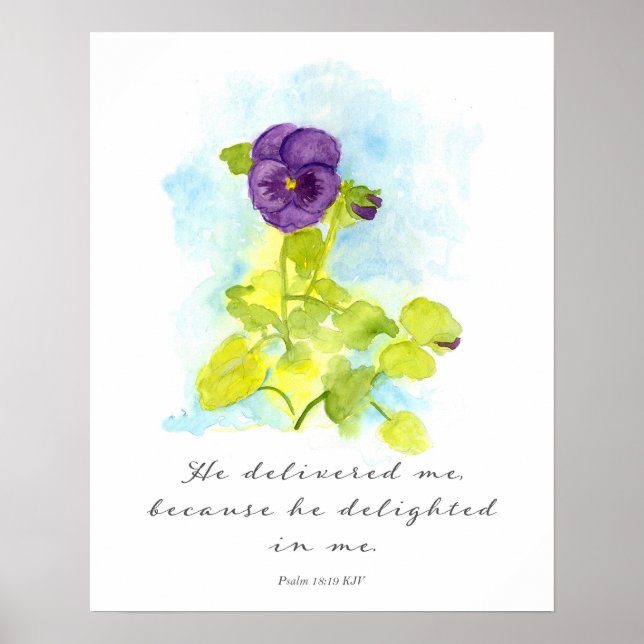 Psalm 18 Scripture He Delivered Me Purple Pansy Poster (Front)