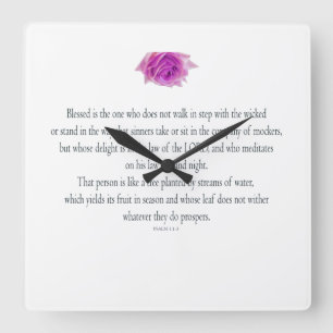 PSALM 1:1-3 with Purple Flower Square Wall Clock