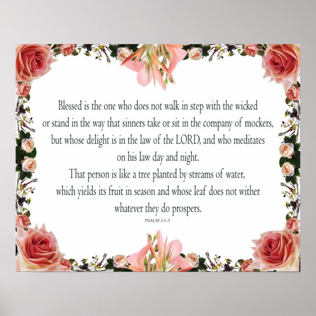 Psalm 1 Art - Blessed Righteous with Floral Design Poster (Front)