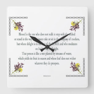 Psalm 1, Pink Yellow Flower Design, Blessed, Square Wall Clock