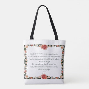 Psalm 1 with Flower Borders Tote Bag