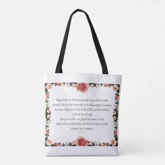 Psalm 1 with Flower Borders Tote Bag (Back)