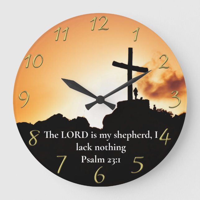 Psalm 23:1 cross on a mountain  large clock (Front)