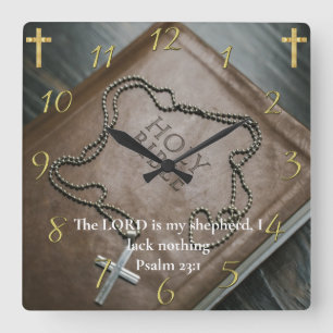Psalm 23:1 Holy Bible with silver cross on it Square Wall Clock