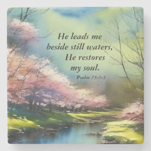 Psalm 23:2-3 He restores my soul Bible Verse Stone Coaster