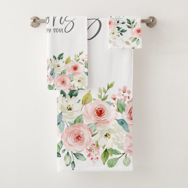 Psalm 23:3 He Restores my Soul Bible Roses Bath Bath Towel Set (Insitu)