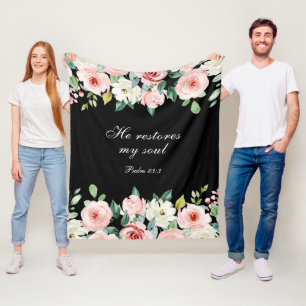 Psalm 23:3 He Restores my Soul Bible Verse & Roses Fleece Blanket