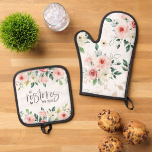 Psalm 23:3 He Restores my Soul Bible Verse & Roses Oven Mitt & Pot Holder Set