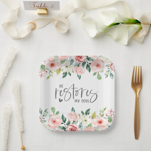Psalm 23:3 He Restores my Soul Bible Verse & Roses Paper Plate (Wedding)