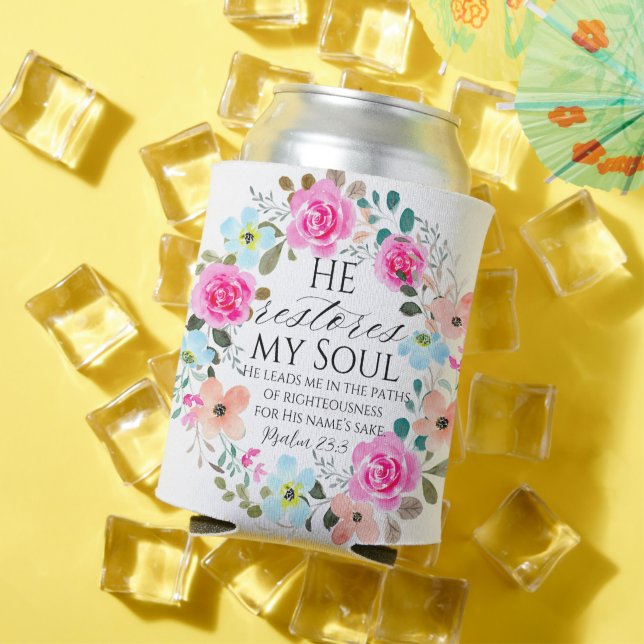 Psalm 23:3 - He restores my soul Pink Floral Bible Can Cooler (In Situ Summer)