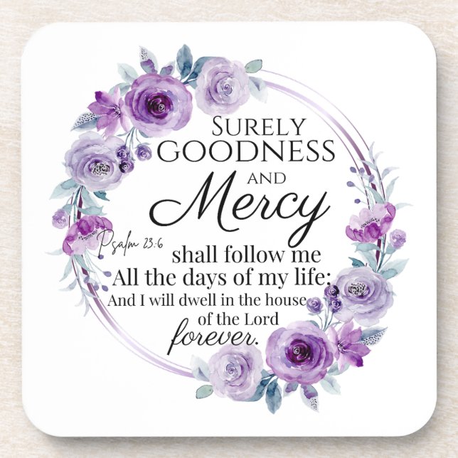 Psalm 23:6 Inspirational Bible Verse Purple Floral Coaster (Front)