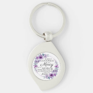 Psalm 23:6 Inspirational Bible Verse Purple Floral Key Ring