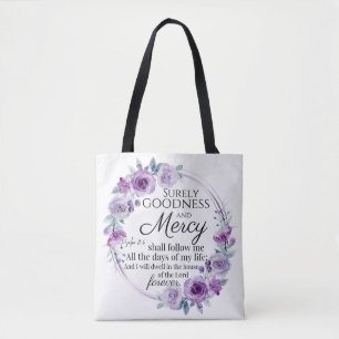 Psalm 23:6 Inspirational Bible Verse Purple Floral Tote Bag