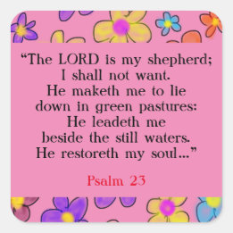 Psalm 23 Bible Prayer Flower Pink  Square Sticker