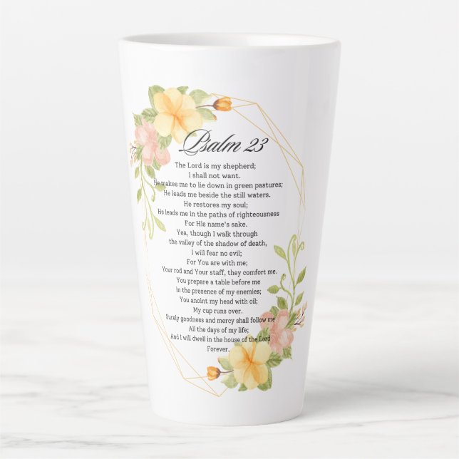 Psalm 23 Bible Scripture Yellow Floral Frame Latte Mug (Front)