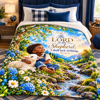 Psalm 23 Boy and Lamb Christian Scripture Sherpa Blanket